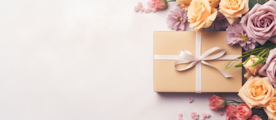 A light background showcases a top down view of various elements including a blank note kraft envelope gift box fabric and flowers creating a visually appealing copy space image - Powered by Adobe