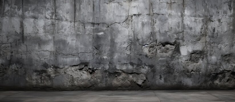 An aged concrete wall exhibits a profound extensive and dim crevice Copy space image