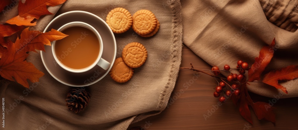 Poster top view of a cozy autumn scene featuring a cup of tea a warm scarf and delicious cookies all surrou