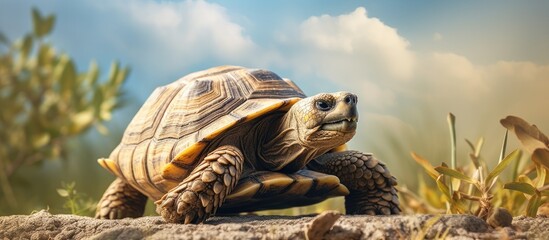 The Sulcata tortoise is a wild animal found in its natural habitat. Creative banner. Copyspace image