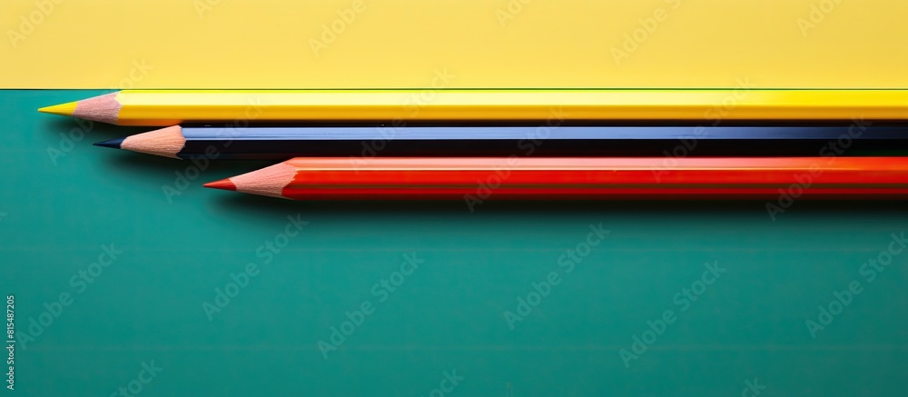 Poster A top down view of colorful pencils and a yellow sheet of paper creating a flat lay composition with space for additional content in the image