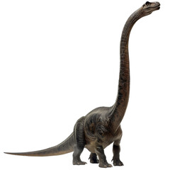 Obraz premium A dinosaur with a long neck and a small head stands on all fours. Its skin is a mottled brown color, and its eyes are yellow. The background is a dark, rocky landscape.