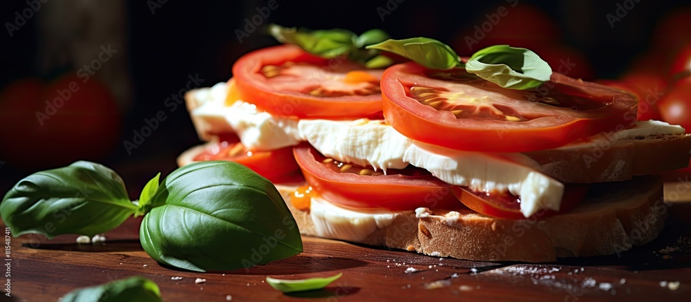 Poster a close up image of a sandwich with mozzarella and tomato with a shallow depth of field providing am