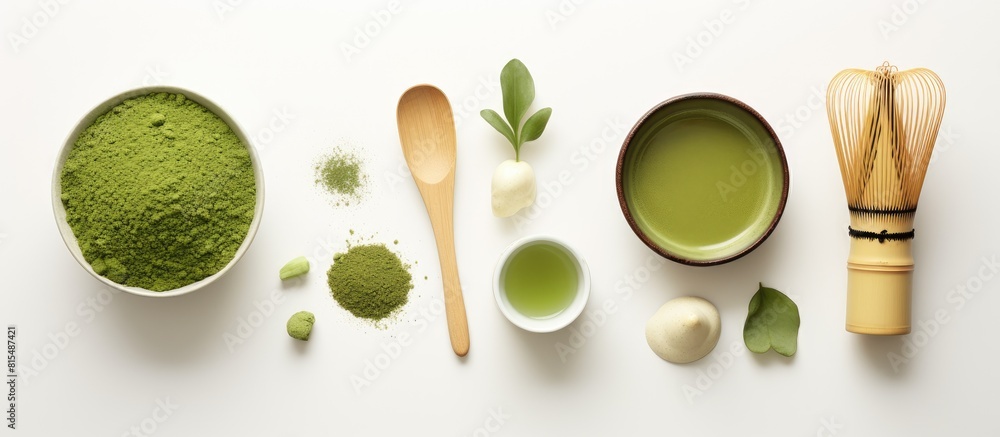 Poster a copy space image featuring matcha powder and tea ceremony tools arranged on a white background