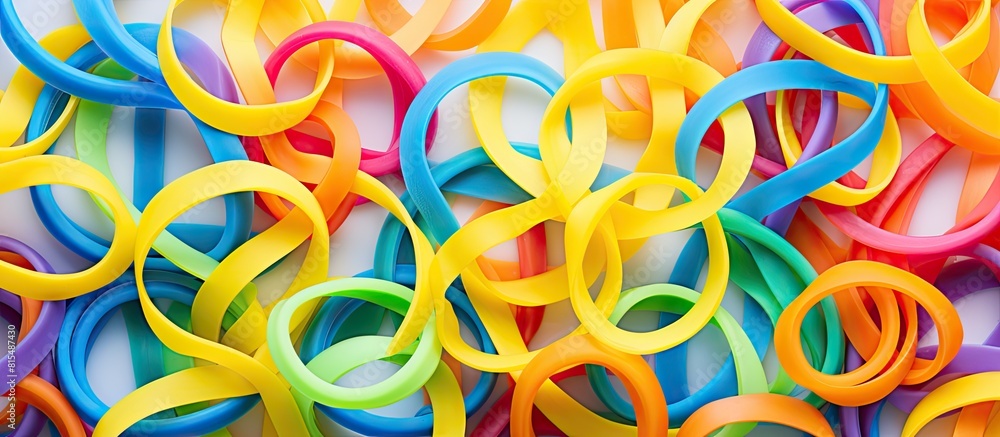 Aufkleber Top view of a multicolored rubber band pattern on a white background with copy space image