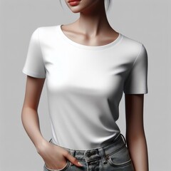 A woman in a white t shirt mockup image realistic attractive lively.