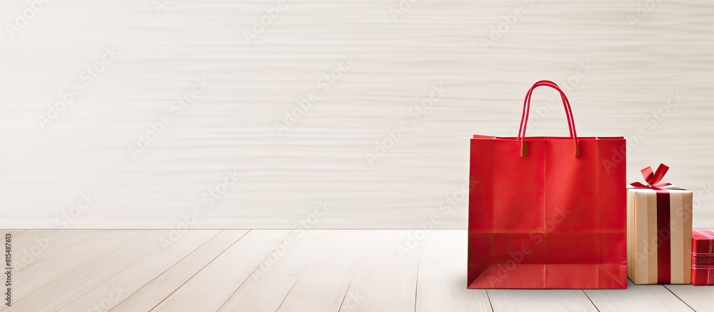 Poster The shopping bag full of presents is placed on a white table creating a visually appealing copy space image