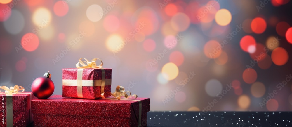 Poster A festive scene of Christmas decorations including gift boxes a New Year tree and confetti on a blurred background with copy space image