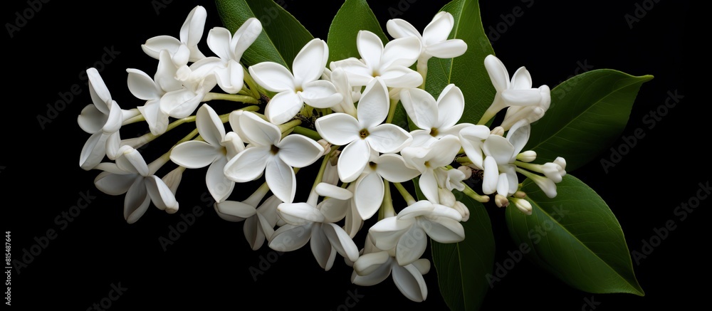 Poster top view of a white lilac against a black backdrop providing ample copy space for text