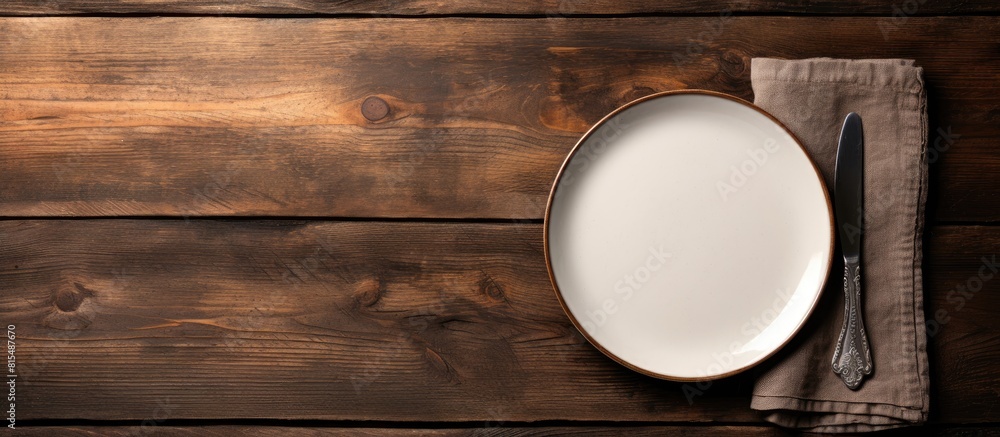Poster an overhead view of an empty vintage white plate placed on a black wooden table is captured in this 