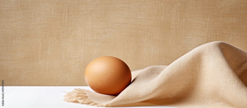 Poster Copy space image of an egg placed on a backdrop of sackcloth and textured white surface for a visually appealing composition