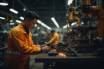 Male engineer working in industrial machinery factory