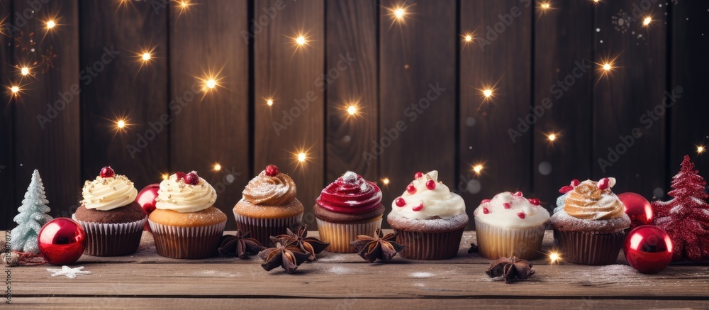 Poster wooden table decorated with various beautiful christmas cupcakes accompanied by fir branches ample s