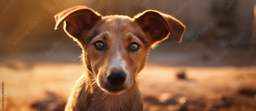 Poster image of a stray dog with erect ears and ample copy space
