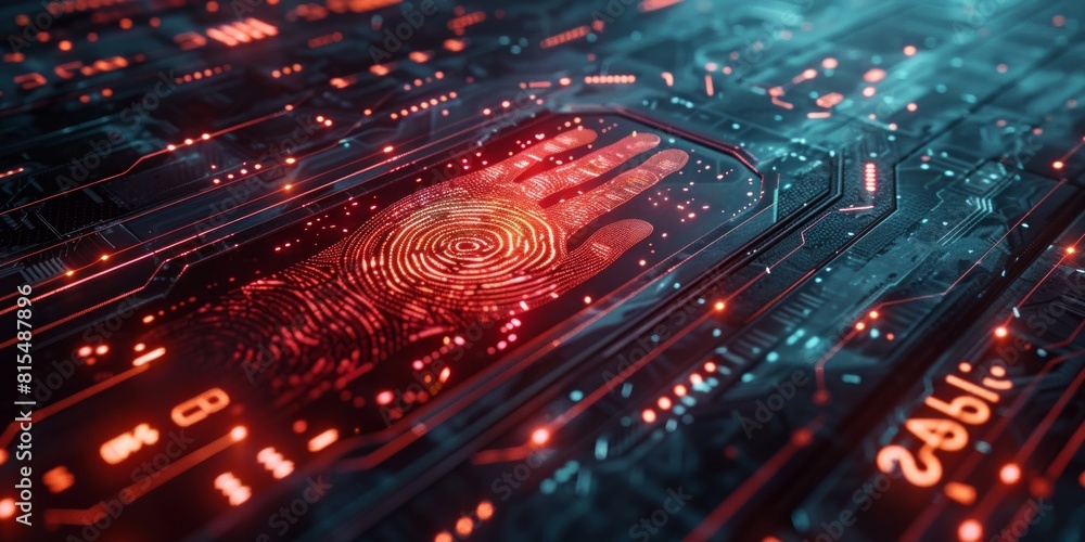 Poster fingerprint security scanning on digital interface. biometric prints.