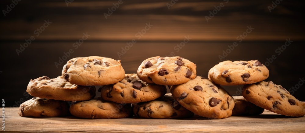 Poster a copy space image of chocolate chip cookies on a wooden background