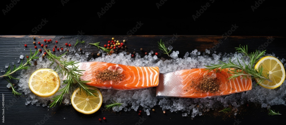 Poster the concept of fish food is visually portrayed by a top down view of salmon steaks on ice adorned wi