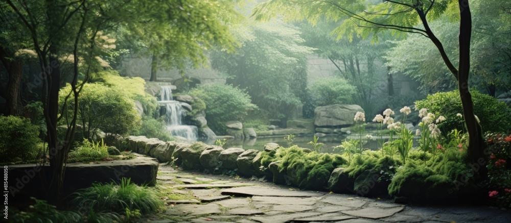 Poster a tranquil garden with lush greenery serves as a picturesque backdrop for this copy space image
