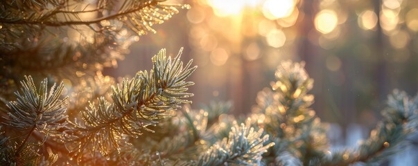 pine branches with needles covered in frost, backlit by a warm golden sunrise.