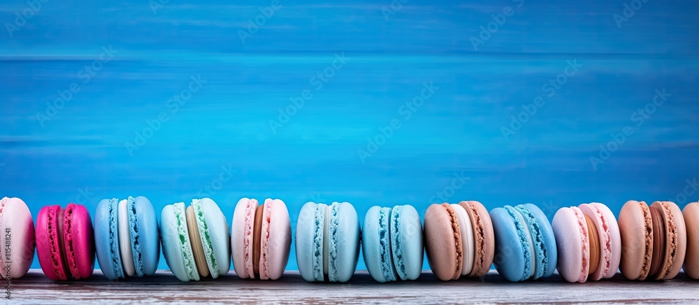 Aufkleber A vibrant array of macarons arranged on a captivating blue wooden surface creating an aesthetically pleasing copy space image