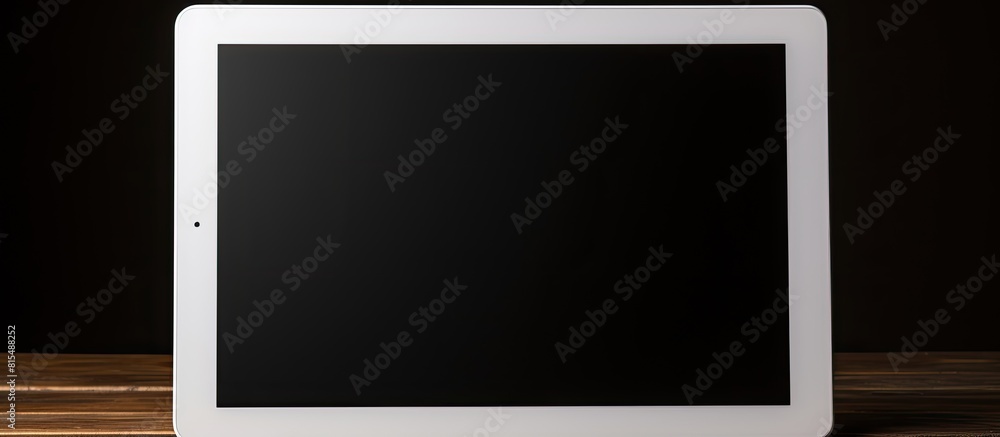 Poster A white digital tablet is placed on a dark wooden table creating a contrast in colors and textures. Creative banner. Copyspace image