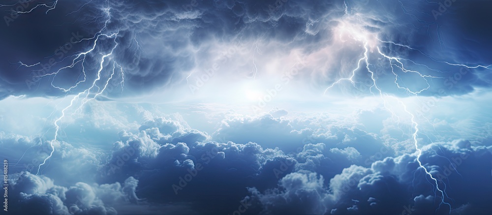 Poster Top view of clouds and lightning on a white background creating a storm concept with bad weather Ample copy space available for added content