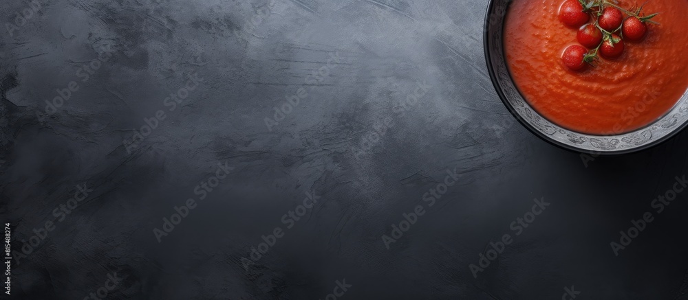Poster a calming light casts over a gray stone background showcasing a black bowl filled with tomato soup v