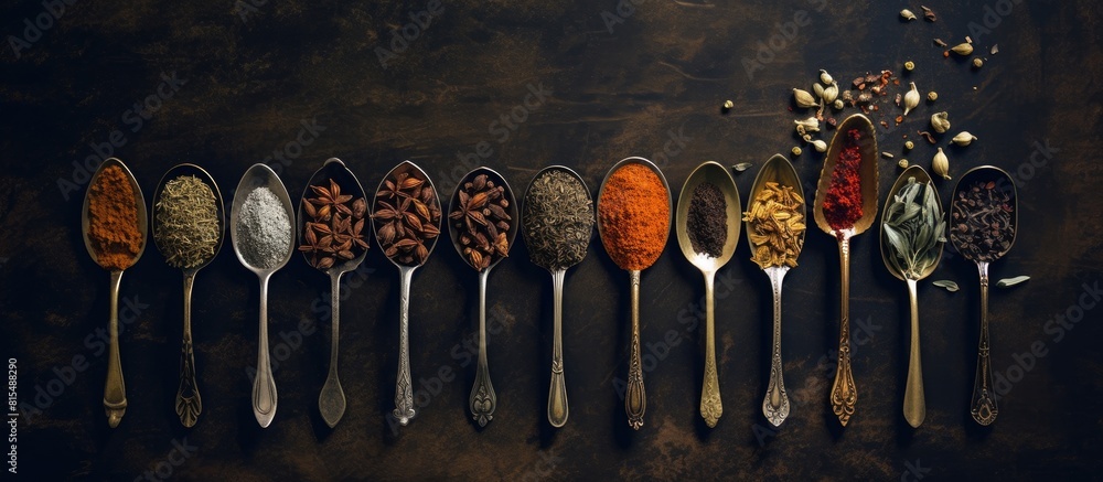 Poster toned copy space image of aged metal spoons arranged with herbs and spices on a dark background