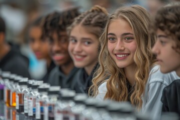 A diverse group of students sits at a table, engaged in a science project. They are smiling and focused, with various scientific equipment and bottles around them, promoting teamwork and learning.