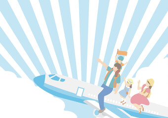 トラベル　夏　フレーム　人物　家族　ファミリー　飛行機　旅行　アイソメトリック風　イラスト素材