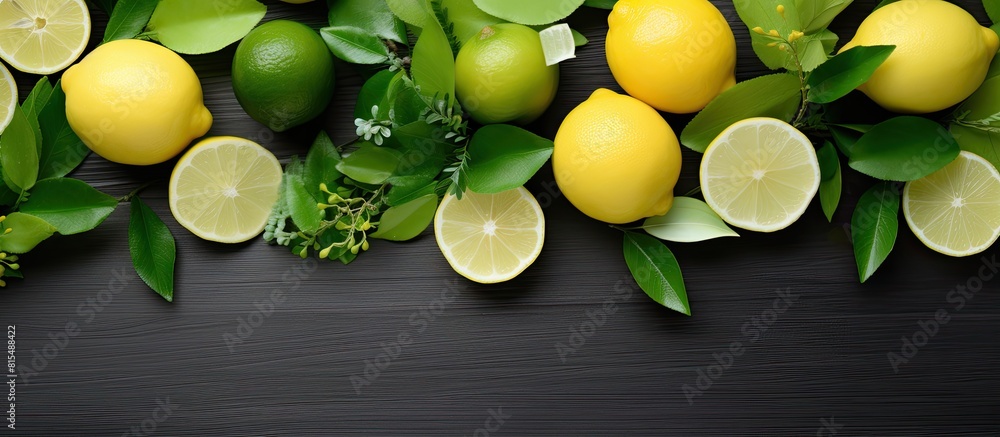 Poster a top down view of lemons and limes arranged on a white wooden table accompanied by fresh green leav