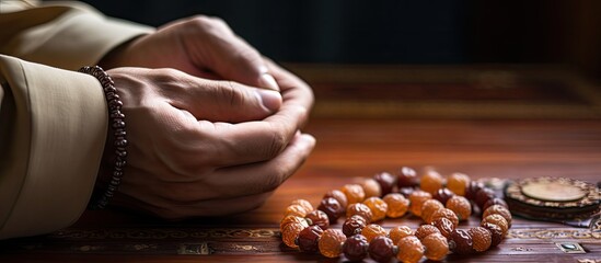 A composition featuring Islamic symbols for Ramadan including a Quran dates and a man s hand praying with tasbih beads on top of a sajadah Copy space image
