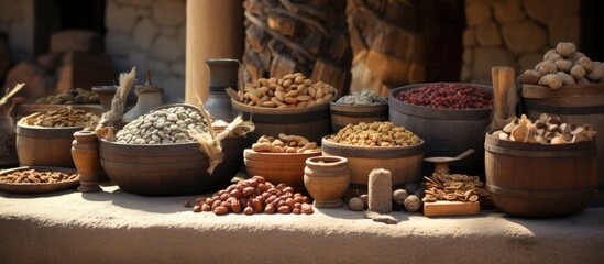 Medieval market stall offers a wide selection of nuts making it a perfect option for a copy space image