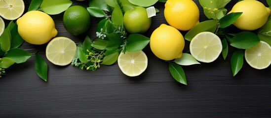 A top down view of lemons and limes arranged on a white wooden table accompanied by fresh green leaves There is ample space for your text in the image