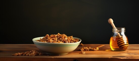 A bowl of granola with nuts and honey showcasing a sweet and savory combination with plenty of copy space for an image 122 characters