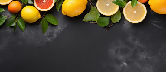 Exotic lemons and oranges beautifully arranged on a sleek slate background Perfect for showcasing a stylish mockup of an exotic lemonade recipe with plenty of copy space for adding your own details
