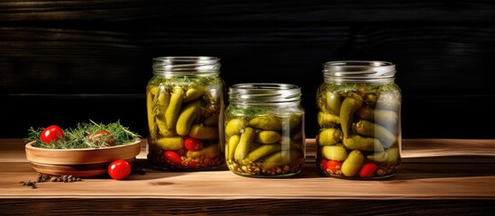 On a wooden table there is a copy space image of jars containing salted pickles and cherry tomatoes