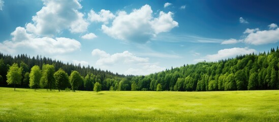 Fototapeta premium Beautiful nature with lush green forests and a clear blue sky perfect for a copy space image Character count 99