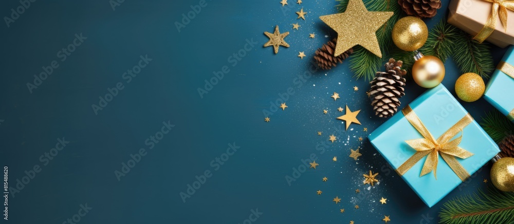 Poster top view flat lay of christmas gift boxes and a fir tree on a blue background providing copy space f