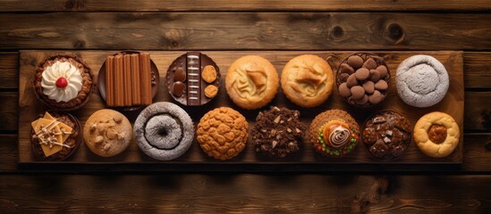 A variety of festive homemade cakes including round chocolate muffins large biscuits and chocolate iced cakes are displayed on an ancient wooden background The composition provides a copy space image