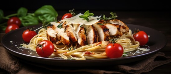A close up copy space image showcasing a delicious dish of whole wheat pasta linguine topped with grilled chicken breast and melted mozzarella cheese Baked cherry tomatoes seasoned with a garlic herb
