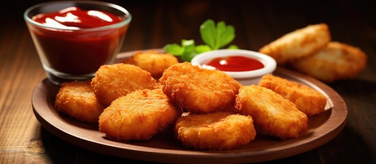 Delicious homemade chicken nuggets served with a side of tangy tomato ketchup perfect for dipping. Creative banner. Copyspace image