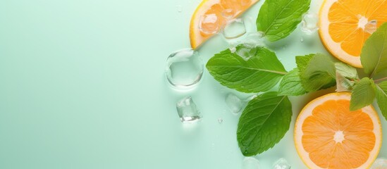 A copy space image shows a top down perspective of fresh mint leaves a sliced orange ice cubes shaped like half an orange and water drops on a pastel background