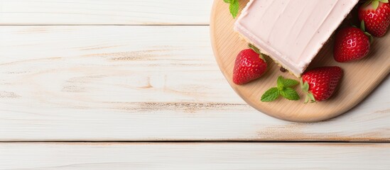 A piece of raw vegan strawberry cashew cake on a napkin placed on a white wooden surface is shown from a top view The image includes copy space
