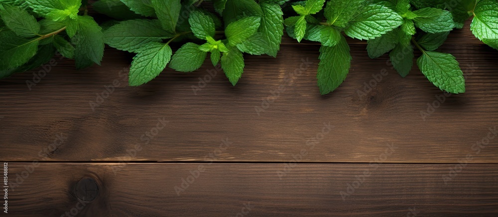Poster Top down view of a copy space image featuring fresh and fragrant mint leaves arranged on a rustic wooden background