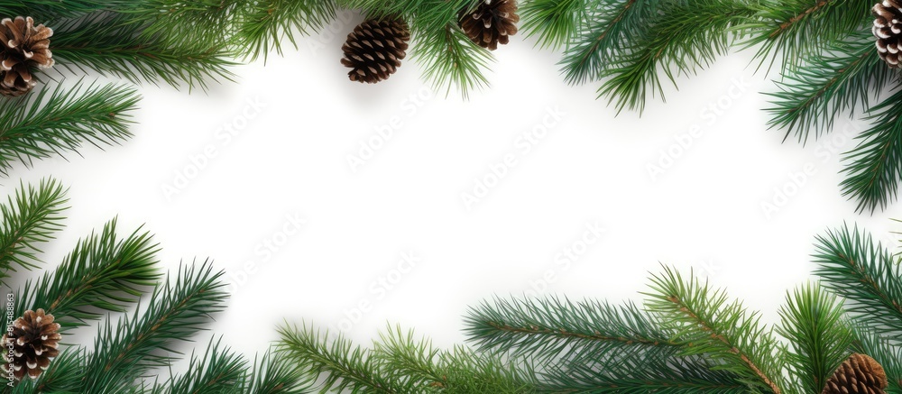 Poster a festive christmas frame featuring branches of pine trees set against a white backdrop with ample s