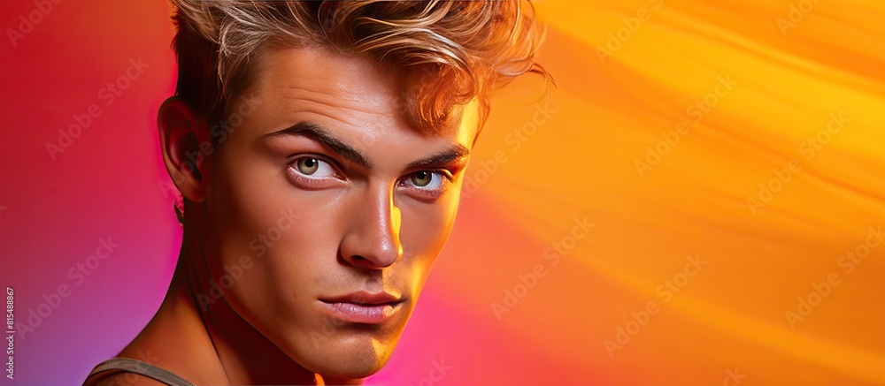 Poster copy space image of a youthful and attractive man captured in a portrait against a vibrant colored b