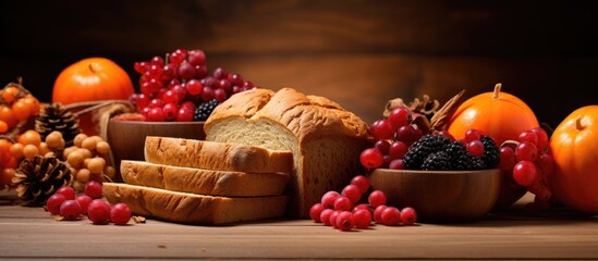 A copy space image showing slices of whole wheat bread topped with a picturesque arrangement of berries and pumpkins in a fall setting