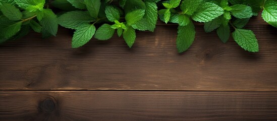 Top down view of a copy space image featuring fresh and fragrant mint leaves arranged on a rustic wooden background