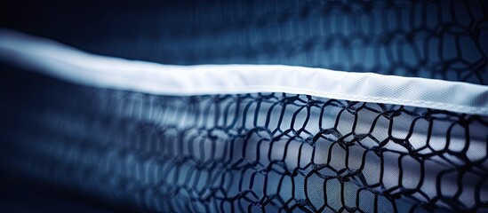 A closeup of a tennis net with white tape providing copy space for text